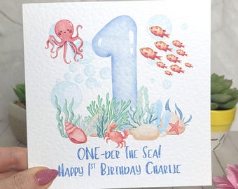 Personalised Boy's One-der The Sea First Birthday Card FREE 1ST Class UK Delivery