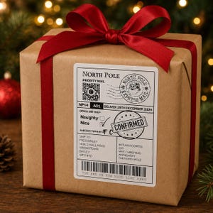 Può includere: Una scatola regalo in carta marrone avvolta da un fiocco di nastro di raso rosso. È presente un'etichetta di spedizione bianca con il testo North Pole, Priority Mail, un codice QR, un timbro di Babbo Natale e il testo Deliver 25th December 2026, Nice, Confirmed.