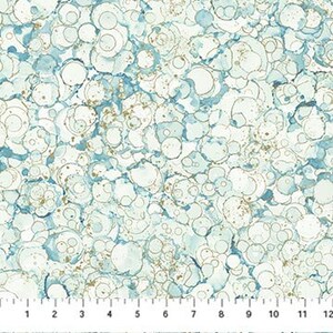 May include: Abstract blue and gold marbled pattern with a white background. The pattern resembles a swirling, bubbly texture.