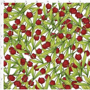 May include: A seamless pattern featuring red tulips with green leaves on a white background.
