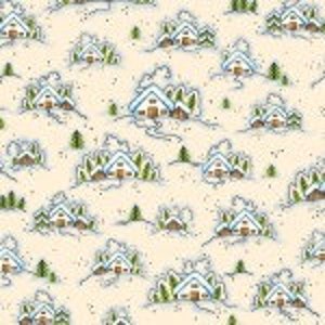 May include: A seamless pattern featuring a repeating design of small white houses with blue roofs and brown doors, surrounded by green trees on a beige background.