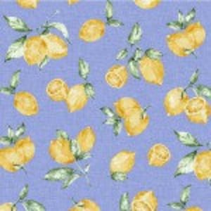 May include: A blue background with a repeating pattern of yellow lemons with green leaves.