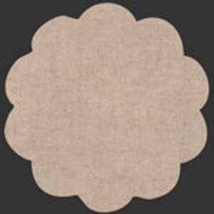 May include: A beige round rug with a scalloped edge. The rug has a subtle texture and a neutral color.
