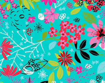 3 wishes fabric - Bright Birds - BRB - Tossed Flora - 14990 - TURQ