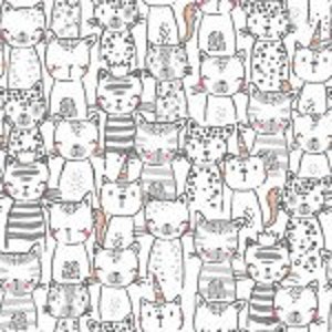 May include: A seamless pattern featuring a variety of cute cats in black and white with some pink accents. The cats are drawn in a simple, cartoon style and are arranged in a repeating pattern.