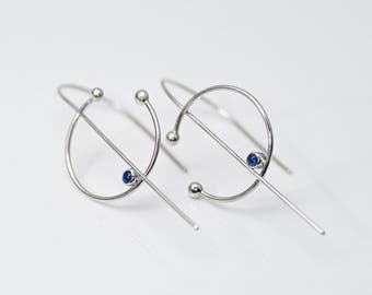 Contemporary threader earrings. Blue sapphire pull through