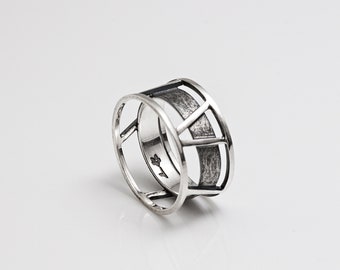 Bague à bande de lignes géométriques, Argent oxydé pour femme