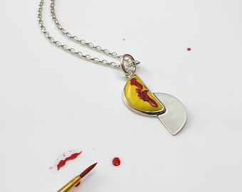 Red and yellow enamel pendant, Geometric necklace