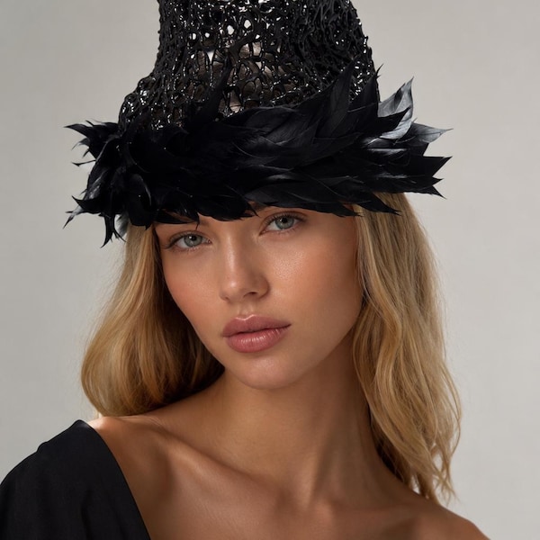Black Couture Fascinator Hat, Handmade Statement Headpiece, Avant Garde Feather Hat, Luxury Women’s Occasion Hat