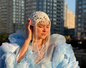 Avant Garde Bridal Cap, Sheer Beaded Veil Cap, Art Deco Headpiece Wedding, Unique Photo Shoot Headwear, Statement Headpiece Women