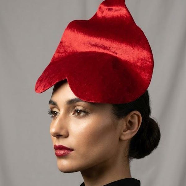 Red Velvet Heart Hat: Avant-Garde Couture Statement Headpiece