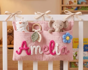 Personalized Baby Crib Organizer, Custom Name Nursery Hanging Storage Bag, Crochet Flower Pocket, Baby Shower Gift for Newborn