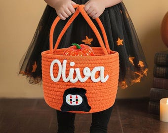 Cesta de Halloween personalizada con nombre, bolsa de dulces de Halloween personalizada, bolsa para dulces, regalo de Halloween para niños y niñas, cubo de calabaza