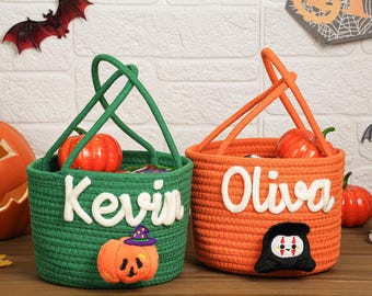Cesta de Halloween para truco o trato, bolsa de Halloween personalizada con nombre, bolsa de dulces personalizada, regalo de Halloween para niños y niñas, cubo de calabaza