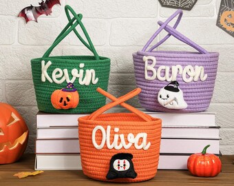 Cesta de Halloween personalizada para dulces o trucos, bolsa de Halloween personalizada con nombre, bolsa para dulces, regalo de Halloween para niños y niñas, cubo de calabaza