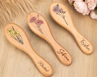 Brosse en bois personnalisée, brosse bébé fleur de naissance personnalisée, cadeau baby shower, brosse à cheveux bébé, cadeau nouveau-né, faire-part de naissance personnalisé