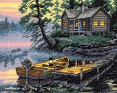 Counted Cross Stitch, Completed, Lakeside, Canoe, Boat, Kayak, Camping, Morning Lake, Cabin, Country, Fishing,Hunting,Outdoors,Gift,Wall Art