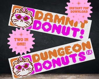 Zakładka do książki Dungeon Donuts | Wzór haftu krzyżykowego Princess Donut | Fan Art Carla z Dungeon Crawler | Łatwe pobieranie pliku PDF z Pixel Cat