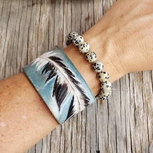 Eagle feather bracelet, western leather cuff, gifts for him or her, native style jewelry, tooled leather gift, unique fit for mom