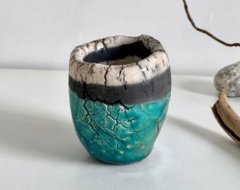 Plant holder - Succulent holder - Pen holder - Raku ceramic blue and black plant holder - Succulent holder