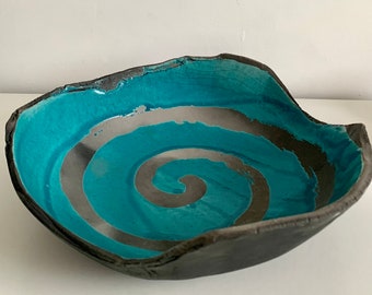 Raku ceramic dish - Raku pottery trinket tray - Ceramic decorative tray - Raku blue green tray