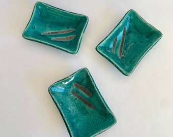 Raku ceramic bowls - Raku dishes - Rectangle dish - Raku ceramic bowls - Set of three ceramic turquoise blue dishes