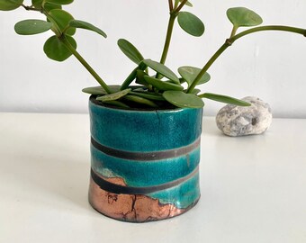 Plant holder - Succulent holder - Raku ceramic blue and black plant holder - Succulent holder