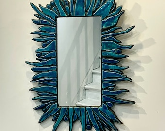 Blue wall mirror - Ceramic mirror - Interior design mirror - Raku ceramic blue mirror