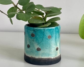 Plant holder - Succulent holder - Raku ceramic blue and black plant holder - Succulent holder
