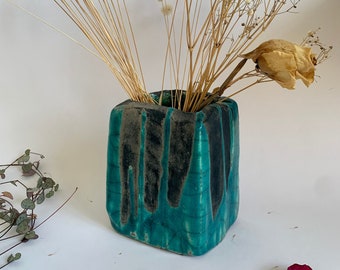 Raku blue vase - Raku ceramic vase - Blue and black vase raku - Ikebana vase - Flower arrangement - Raku Art