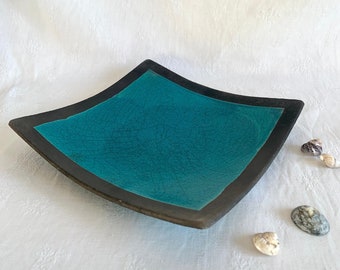 Raku ceramic plate - Raku ceramic table dish - Ceramic decorative blue  tray - Raku blue plate