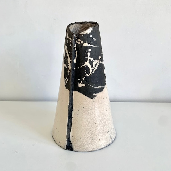 Vase raku - Vase céramique raku - Vase ikebana - Vase blanc noir - Vase blanc