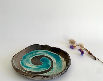 Raku pottery blue dish - Raku ceramic dish with a swirl - Pottery bowl - Raku ceramic cup - Artistic dish