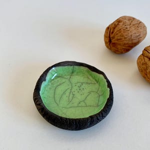 Green and black raku pottery small dish  -  Pottery dish - Raku pottery trinket tray