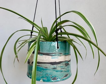 Ceramic plant holder - Garden decoration - Raku ceramic hanging planter - Green and black hanging planter