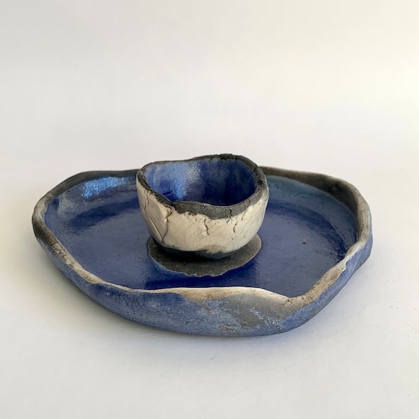 Set of two raku ceramic dishes - Dinner table set of bowls - Blue pottery plates - Kitchen design ceramic - Blue raku plates