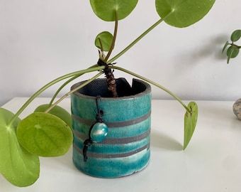 Plant holder - Succulent holder - Raku ceramic blue and black plant holder - Succulent holder