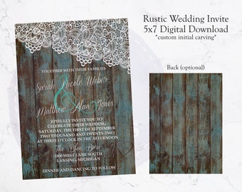 Rustieke bruiloft uitnodigen - Teal - Digitale Download (5x7) - Aangepast ontwerp