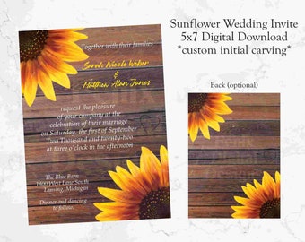 May include: A sunflower wedding invitation with a rustic wood background. The invitation features a sunflower design and the text "Together with their families Sarah Nicole Weber & Matthen Alan Jones request the pleasure of your company at the celebration of their marriage on Saturday, the first of September Two Thousand and twenty-two at three o'clock in the afternoon The Blue Barn 1800 West Lane South Lansing, Michigan Dinner and dancing to follow." The back of the invitation features a sunflower design on a rustic wood background.