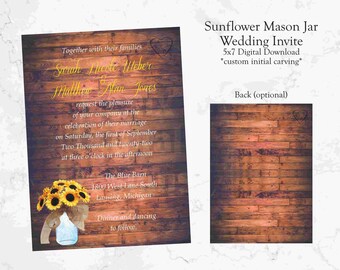 Sunflower Mason Jar Wedding Invitation - Digital Download (5x7) - Custom Design