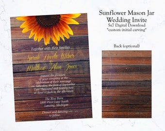 May include: A rustic wedding invitation with a sunflower on a wood background. The invitation is for Sarah Nicole Weber and Matthew Alan Jones. The text reads "Together with their families, Sarah Nicole Weber & Matthew Alan Jones request the pleasure of your company at the celebration of their marriage on Saturday, the first of September Two Thousand and twenty-two at three o'clock in the afternoon. The Blue Barn 1800 West Lane South Lansing, Michigan Dinner and dancing to follow."