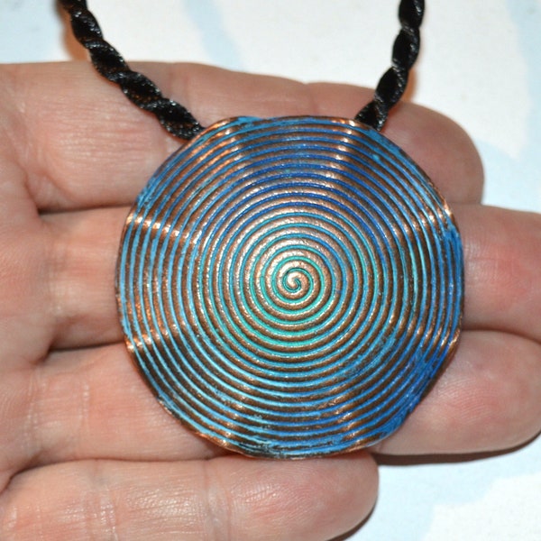 Copper Spiral Necklace with Blue-Aqua-Verdigris Patina, Wavy Disk with Carved Concentric Circles, on Black Cord