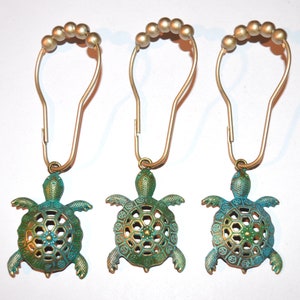 Sea Turtle Shower Curtain Hooks, Set of 12 - Antique Bronze with Optional Green-Aqua-Turquoise Patina