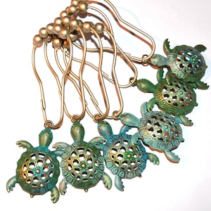 Sea Turtle Shower Curtain Hooks, Set of 12 - Antique Bronze with Optional Green-Aqua-Turquoise Patina