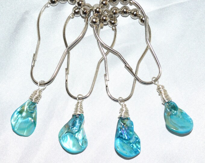 Sea Shell Shower Curtain Hooks, Iridescent Aqua Blue or Green, Wire