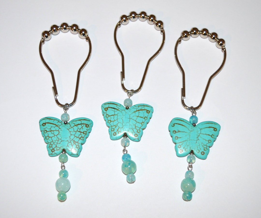 Butterfly Shower Curtain Hooks, Set of 12, Turquoise Dyed Howlite Stone