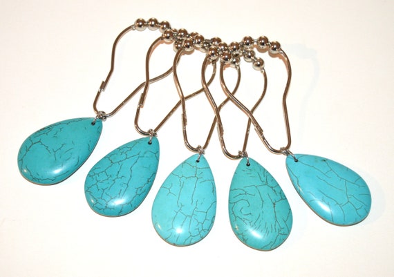 Turquoise Shower Curtain Hooks, Large Genuine Turquoise Dyed Howlite Stone  Teardrop, Big Drop, Set of 12, Your CHOICE Roller Ball Ring Color 