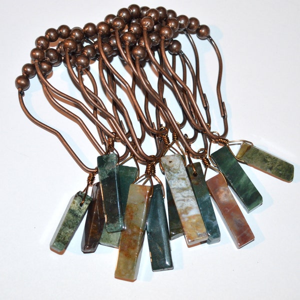 India Agate Shower Curtain Hooks, Handcrafted Set of 12, Natural Stone, Silver/Oil Rubbed Bronze Roller Ball, Multi Moss Forest Green, Rust