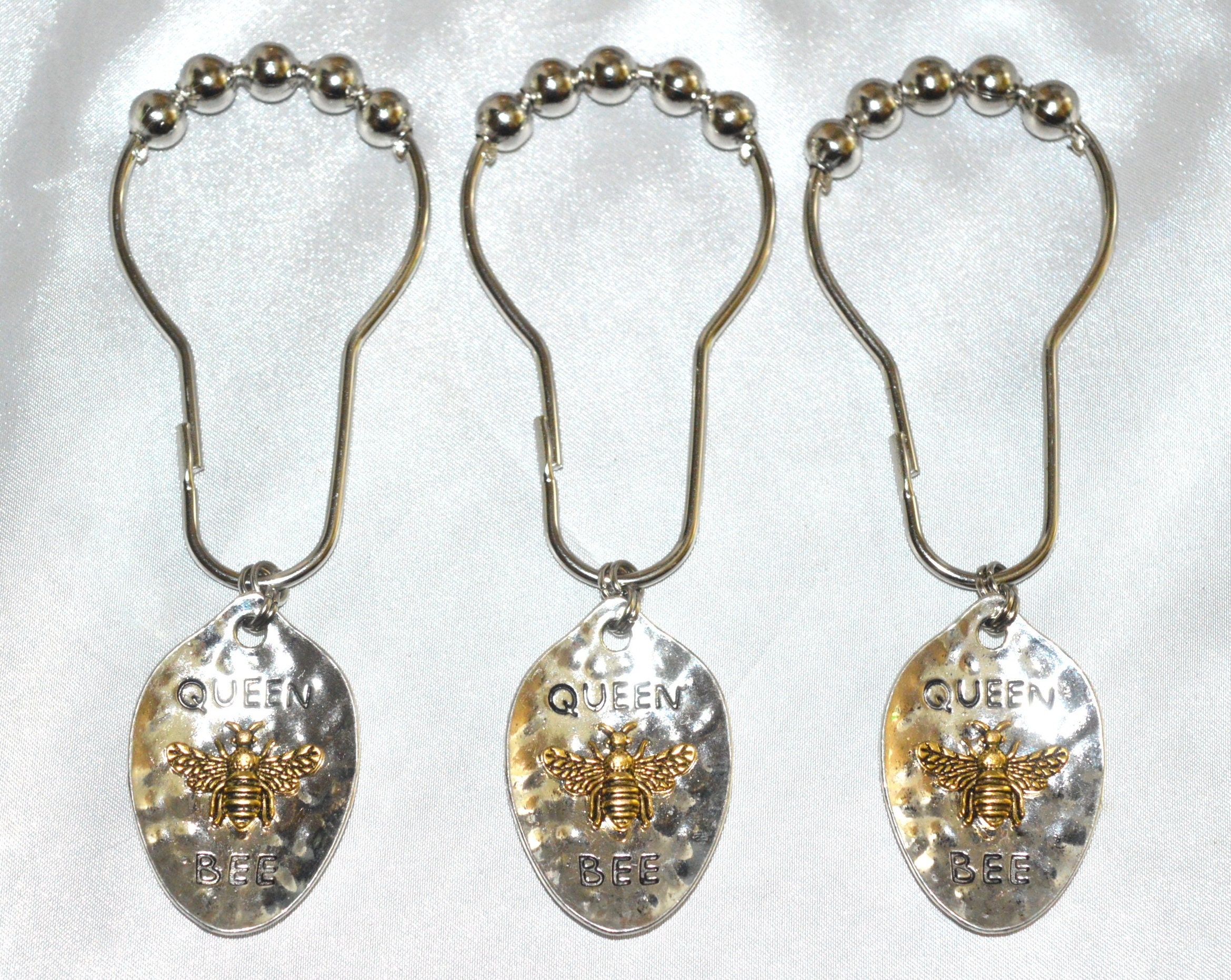 Queen Bee Shower Curtain Hooks, Set of 12, Hammered Silver Spoon With Gold  Honey Bee, Shabby Cottage French Country Garden Insect 