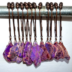 Purple Imperial Jasper Shower Curtain Hooks, Set of 12, Wire Wrapped Stone Slice, Oil Rubbed Bronze Roller Ball Rings. Amethyst Magenta Plum